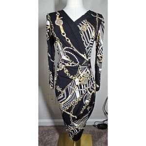 Cache Faux Wrap Dress Bodycon Side Ruched Baroque Chain Pearl Print S